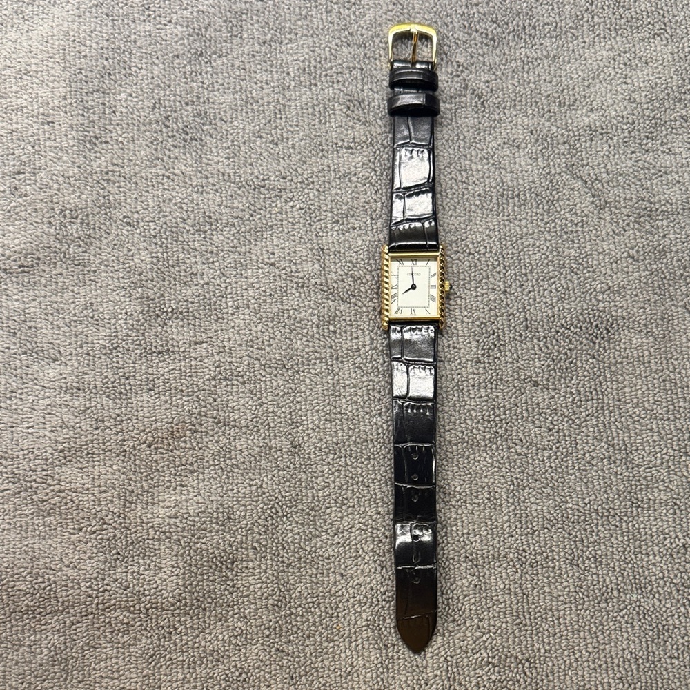 Elegant Black Leather Strap Women's Watch with Gold Rectangular Case